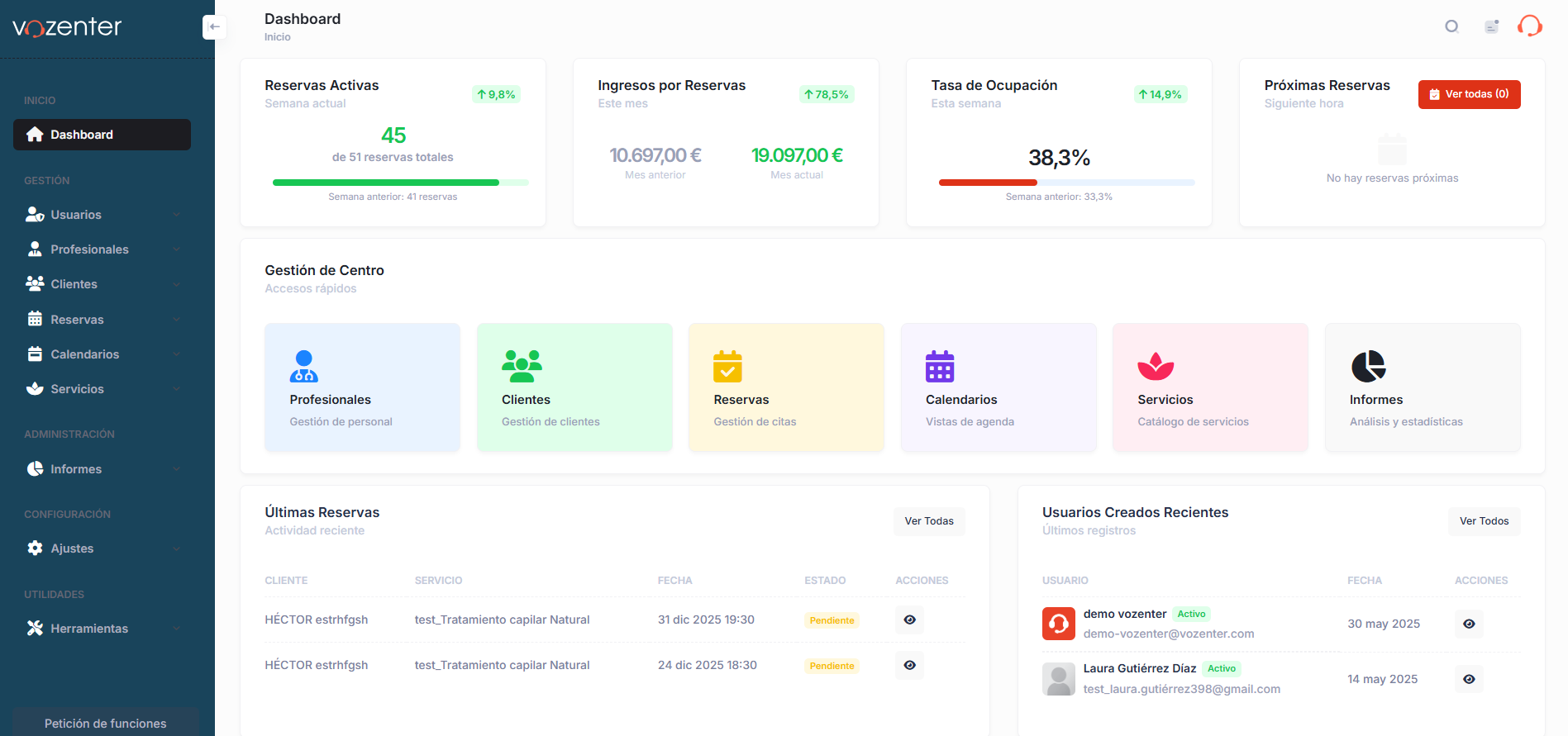 Dashboard principal de Vozenter con métricas y estadísticas